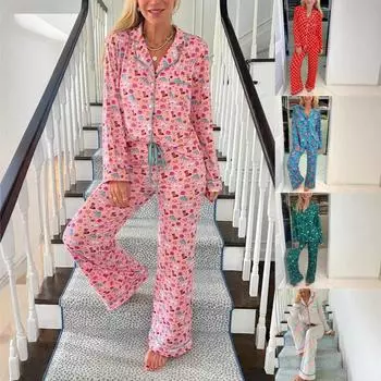 2025 Пижамный комплект с принтом Осенняя удобная домашняя одежда Комплект из двух предметов S красный