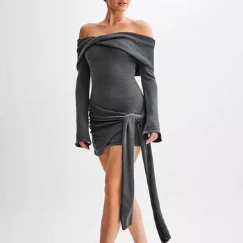 «2025 Платье-свитер с открытыми плечами – Сексуальная трикотажная короткая юбка с длинными рукавами для женщин»