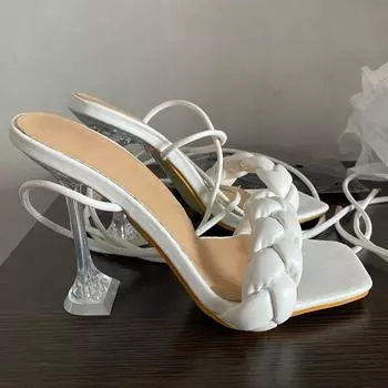 2025 плетеные туфли на высоком каблуке с двумя словами, классные тапочки, модные сандалии большого размера с квадратной головкой 35 белый