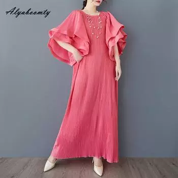 2025 Плюс Размер Лето Женщин Макси Длинное Платье O Шеи Черное Фиолетовое Розовое Элегантное Платье Рукав Бабочка Шикарные Однотонные Платья One Size чёрный