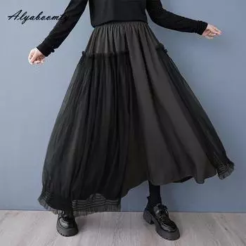2025 Плюс Размер Весна Осень Женская Черная Юбка Миди Высокая Талия Сетчатая Лоскутная Юбка Стильные Женственные Мешковатые Лоскутные Юбки One Size чёрный