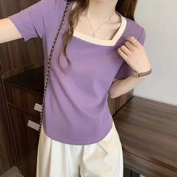 2025 Плюс Размер Женская Контрастный Квадратный Воротник Короткий Рукав Хлопковая Футболка 2XL абрикосовый