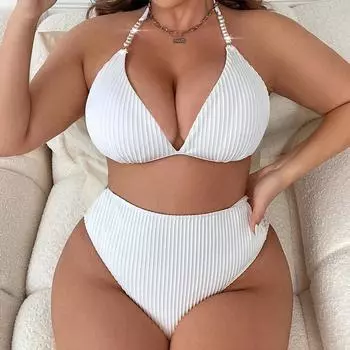 2025 Плюс Сайз Однотонное Бикини с Завышенной Талией: Европейский и американский стиль, трансграничный купальник-слинг с открытой спиной. 1XL белый