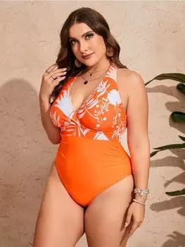 2025 Plus Solid Swimsuit One Piece Large Size Swimwear Women Green One Piece Beachwear Bathers Bathing Swimming Swimsuit Female 0XL оранжевый