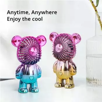 2025 popular cartoon mini violent bear small fan holding a three-speed USB portable rechargeable gradient bear fan
