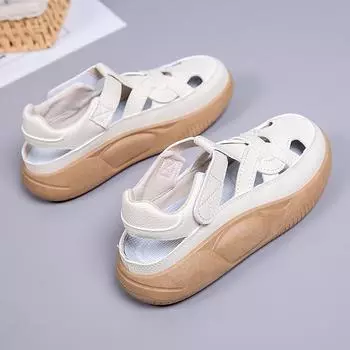 2025 popular summer Velcro women s thick-soled sandals hollow soft-soled white shoes breathable sports and leisure shoes women 35 бежевый