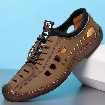 2025 популярные мужские летние полые сандалии сшитые вручную мягкие подошвы с мягкой поверхностью дышащие повседневные туфли с отверстиями 6618 38 чёрный