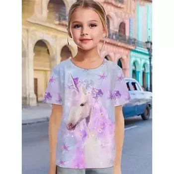 2025 Повседневные футболки Одежда для девочек Новые забавные футболки с изображением лошадей и животных 3D-принта для девочек Модные вечерние топы с короткими рукавами Футболка 100