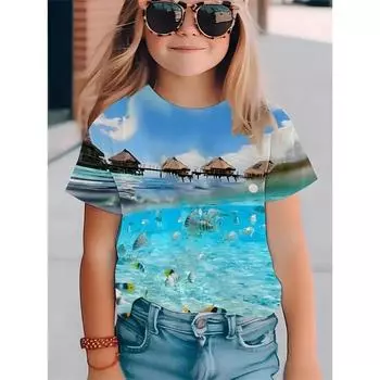 2025 Повседневные футболки Одежда для девочек Новые забавные футболки с 3D-принтом для девочек Модные вечерние топы с короткими рукавами Футболка 110