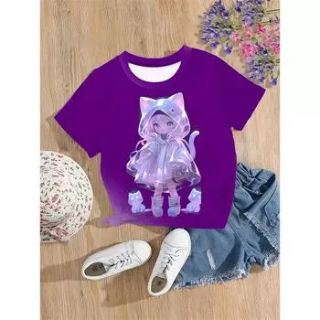 2025 Повседневные футболки Одежда для девочек Новые забавные футболки с принтом животных 3D Cat для девочек Модные вечерние топы с короткими рукавами Футболка 100