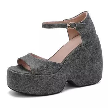 2025 Повседневные женские сандалии с круглым носком, на танкетке 12 см, на платформе, с ремешком на пряжке, больших размеров 41 42 43, модные повседневные мягкие туфли 35 чёрный