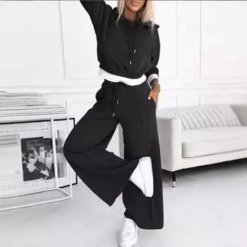 2025 Повседневный комплект из толстовки с капюшоном, длинных рукавов, широких брюк с высокой талией, комплект из двух предметов S коричневый