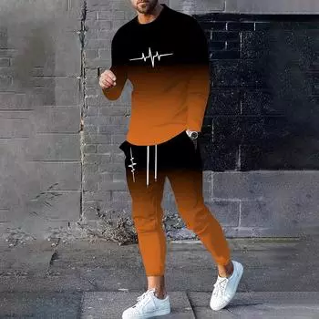 2025 Повседневный Удобный Свободный Двухсекционный 3D Печатный Длинный Рукав Пуловер Свитер Спортивная Одежда Мужская Мода Красивый Костюм S