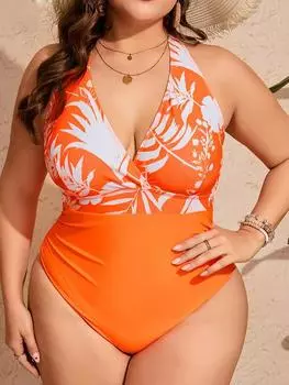 2025 принт пэчворк плюс размер купальники женские пуш-ап леди большой цельный купальник пухлые бразильские пляжные пышные купальники 0XL оранжевый