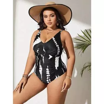 2025 принт ремешки плюс размер купальники женские крест пуш-ап большой цельный купальник летний пухлый большой купальный костюм 0XL чёрный