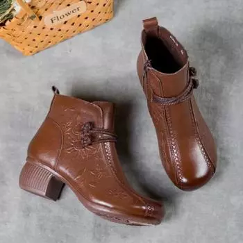 2025 Printed High Heels with Hollowed Out Short Boots for Women Comfort Zipper Anti Slip Waterproof Simple Durable Leather Boots 35
