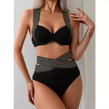 2025 Push Up Cross Hollow Out Двухсекционный женский купальник-бикини Женский купальник Купальники Купальный костюм Пляжная одежда Лето S чёрный
