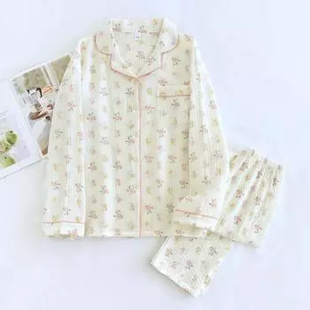 2025 японский новый женский пижамный комплект из 100% чистого хлопкового крепа с длинными рукавами и брюками из двух предметов с отложным воротником Simple Home Fury M