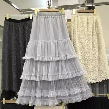 2025 ранняя новая эластичная талия кружево кружево сращивание слово большой маятник иностранный стиль серая торт юбка длинная юбка one size fits all серый
