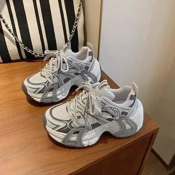 2025 ранняя весна новые повседневные женские туфли на платформе кожаные туфли на шнуровке с круглым носком для папы женские туфли для увеличения роста универсальные женские туфли 35 розовый цвет-серебро