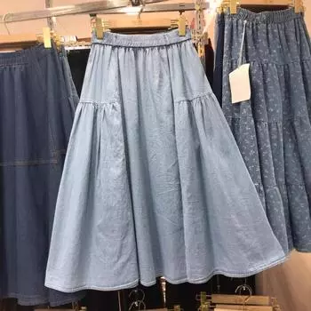 2025 ранняя весна простая джинсовая юбка с плиссировкой женская повседневная юбка средней и длинной длины омолаживающая юбка с большим маятником А-образной формы average size светло-синий