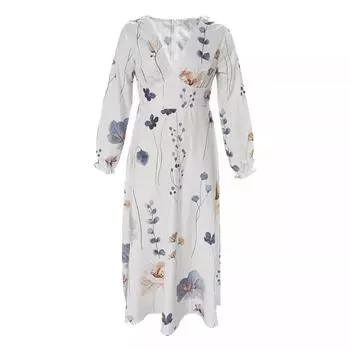 2025 распродажа осень-зима женское платье с V-образным вырезом и длинным рукавом с принтом женская одежда S белый