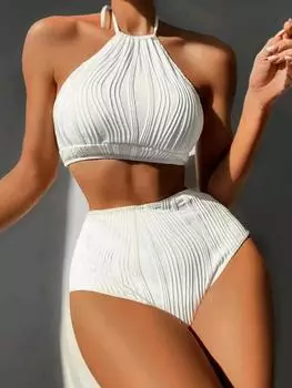 2025 ребристый комплект бикини Push Up с высокой талией и завязкой на шее, женский летний купальник из 2 частей, пляжный купальный костюм S белый