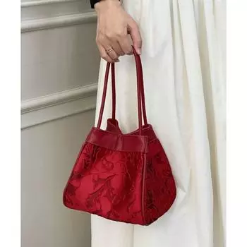 2025 Red New Style Jacquard Bridal Bag Wedding Gift Wedding Bag Female Mother and Child Bag Niche Style Daily Bucket Bag Red jacquard bucket bag + small leather bag