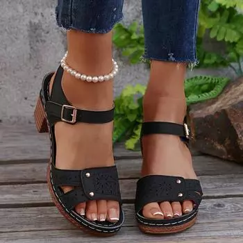 2025 retro casual Roman style round head sandals women s new hollow pattern high heel buckle large size sandals women 36 чёрный