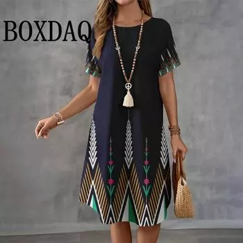 2025 Ретро Этнический Принт Повседневный Женский O-образный Вырез Платье Длиной До Колена Летняя Мода Элегантные Женские Платья А-силуэта XS