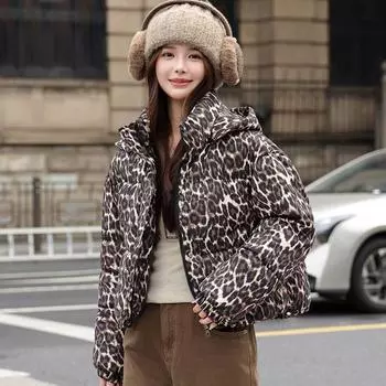 2025 Retro Leopard Print Hat Detachable Harajuku Style New Simple Jacket Padded Suit M