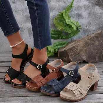 2025 ретро повседневные сандалии в римском стиле с круглым носком женские новые полые узоры на высоком каблуке с пряжкой большие размеры сандалии женские 36 чёрный