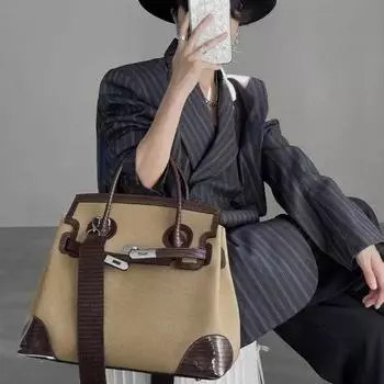 2025 Ретро Высококачественная Большая Контрастная Холщовая Сумка Через Плечо Для Женщин 40cm x 15cm x 31cm зелёный