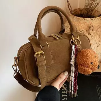 2025 Ретро замшевая сумка для боулинга для женщин Стильная сумка через плечо из искусственной кожи с застежкой-молнией коричневый