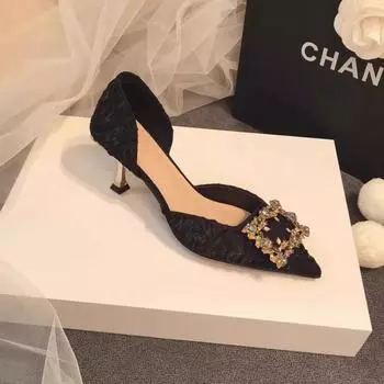 2025 rhinestone square buckle high heels pink pointed stiletto fairy style French bride wedding dress hollow single shoes female tide 35 чёрный