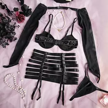 2025 рыболовная сеть длинный рукав дизайн сексуальные сексуальные бретели полые бедра подвязки комплект S [No chest pad with steel ring]