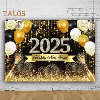 2025 С Новым годом Фон Блестящий Новогодний Подвесной Баннер Черный И Золотой Фото Фон для Домашнего Офиса Вечеринка Декор S A