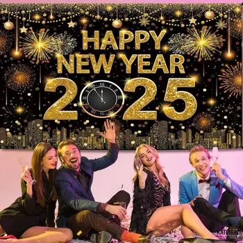 2025 С Новым годом Фон Фейерверк Часы Тема 150x110 см Тканевый Баннер Рождество 2025 Новогодняя Вечеринка Украшение Дома