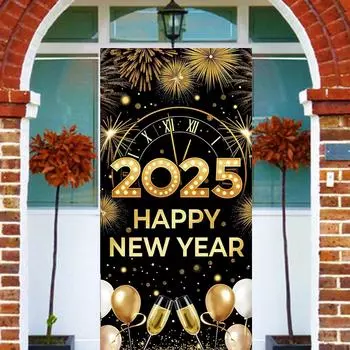 2025 С Новым годом Тематическая вечеринка Дверной чехол Наружный фон для входной двери Баннер Фейерверк Золотой фотофон Украшение