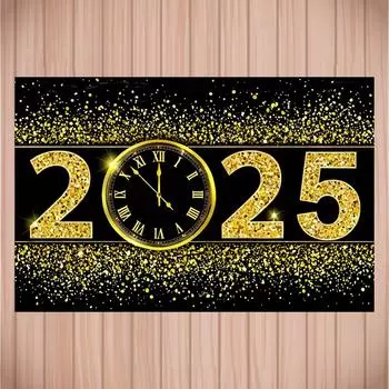 2025 С Новым годом тематическая вечеринка фон золотые часы фейерверк воздушный шар домашняя вечеринка баннер украшение фотография фон