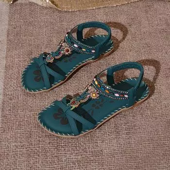2025 сандалии женские летние модные стразы бохо с плоской подошвой с открытым носком женские и женская обувь 36 темно-зеленого