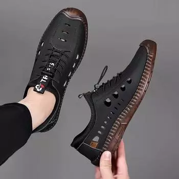 2025 sandals men s spring and summer new men s casual hollow breathable leather shoes non-slip soft sole bag 2025 39