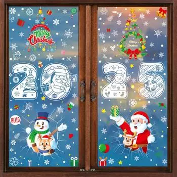 2025 Счастливого Рождества Электростатическая Наклейка на Окно С Новым Годом Наклейка на Окно Торгового Центра Санта-Клаус Снежинка Наклейка на Окно