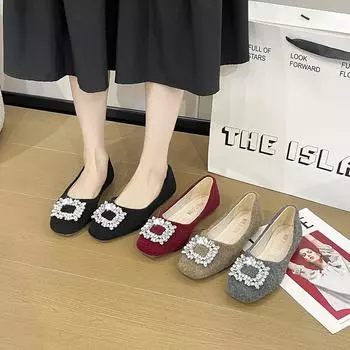 2025 scoop soft-soled spring and autumn shoes square head black temperament French shallow mouth single shoes women s flat beanie shoes new 35 серый