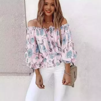 2025 сексуальная однотонная шифоновая рубашка с открытыми плечами, женская свободная футболка с длинными рукавами S белый