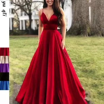 2025 Сексуальное V-образное вырез без рукавов однотонное летнее платье для женщин - европейский и американский стиль XXL красный