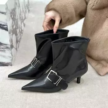 2025 сексуальные ботильоны из мягкой кожи с острым носком и искусственной кожей, женские модные ботинки с металлической пряжкой на ремне, женские зимние тонкие высокие каблуки 35 чёрный