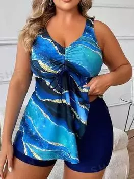 2025 сексуальный комплект танкини из 2 предметов большого размера с принтом, женский купальник с высокой талией, пышный бразильский женский купальный костюм 0XL синий