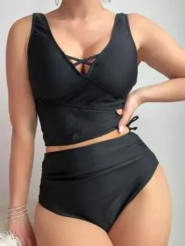2025 сексуальный однотонный купальник с бретельками женский крест-накрест пуш-ап танкини бразильский женский купальник с высокой талией полый купальный костюм S чёрный
