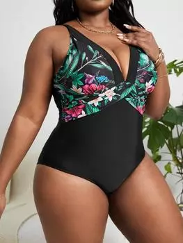 2025 сексуальный пэчворк купальники больших размеров женские крест пуш-ап большой цельный купальник пышные бразильские пухлые купальник 1XL чёрный